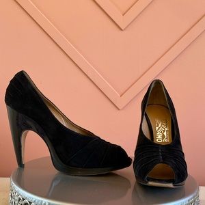 Salvatore Ferragamo Black Suede Peep Toe Heel